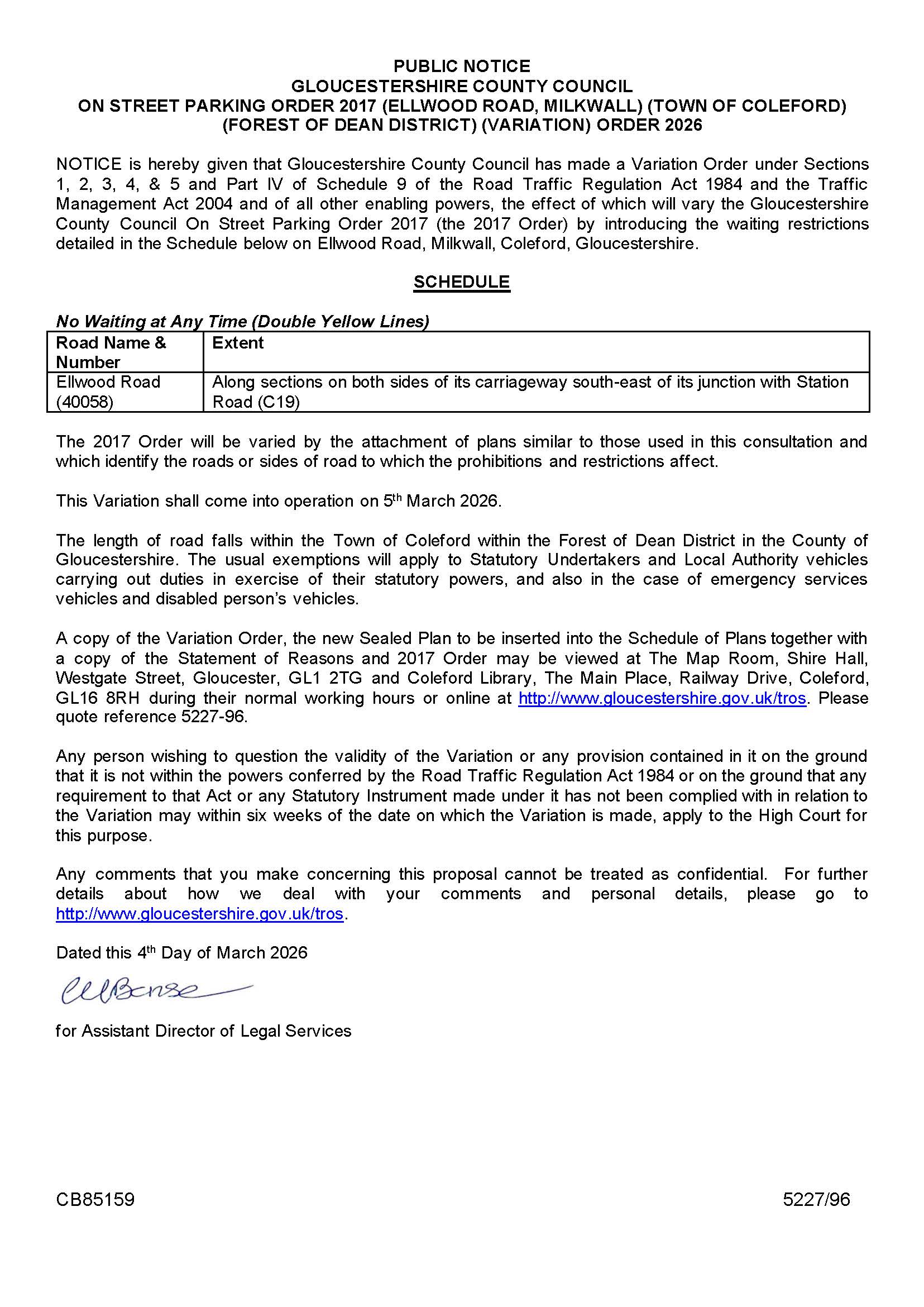 Double Yellow Lines order confirmed for Ellwood Road. Operating 5th March 26. www.gloucestershire.gov.uk/tros 